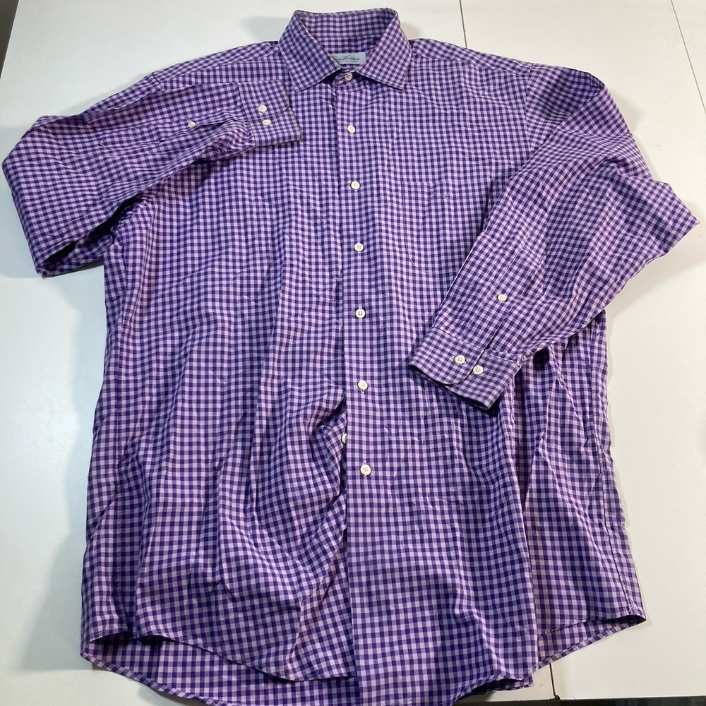 Brooks Brothers Oxford Shirt 16 32/33 (L/XL) Non Iron Purple Check Long Sleeve - Picture 2 of 7